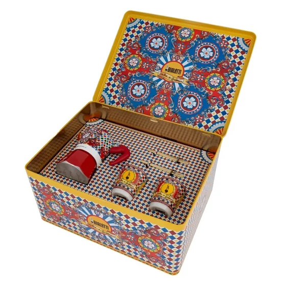 Bialetti Dolce&Gabbana Moka Express 2 adagos kávéfőző + 2db Dolce&Gabbana csésze,  aranyozott keverő szett díszdobozban