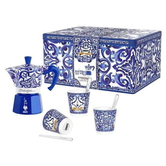 Bialetti Dolce&Gabbana Moka Express 3 adagos kávéfőző + 3db Dolce&Gabbana csésze, ezüst keverő szett díszdobozban